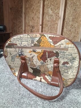 Vintage World Map Satchel Handbag - Retro Atlas Print Travel Tote - Brown Faux L